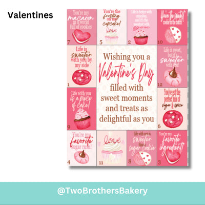 Valentine's Day themed advent calendar with pink and white design, featuring text and small images of heart-shaped cookies.