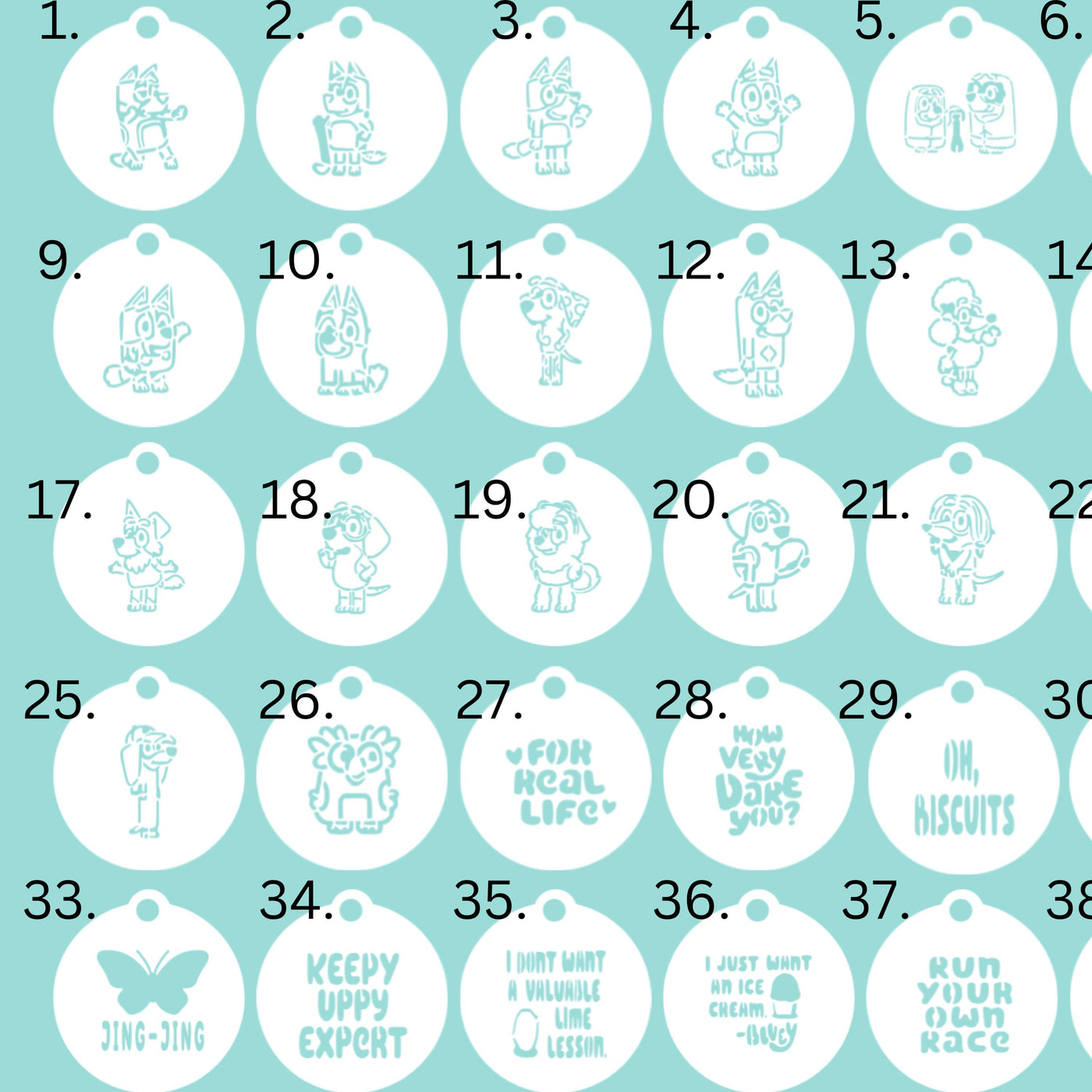 Bluey Themed Stencils, PYO Birthday cookie stencils, DIY Cookie Stencils, Blue Cartoon Dog Cookies, Kids Birthday Cookies, Oh Biscuits