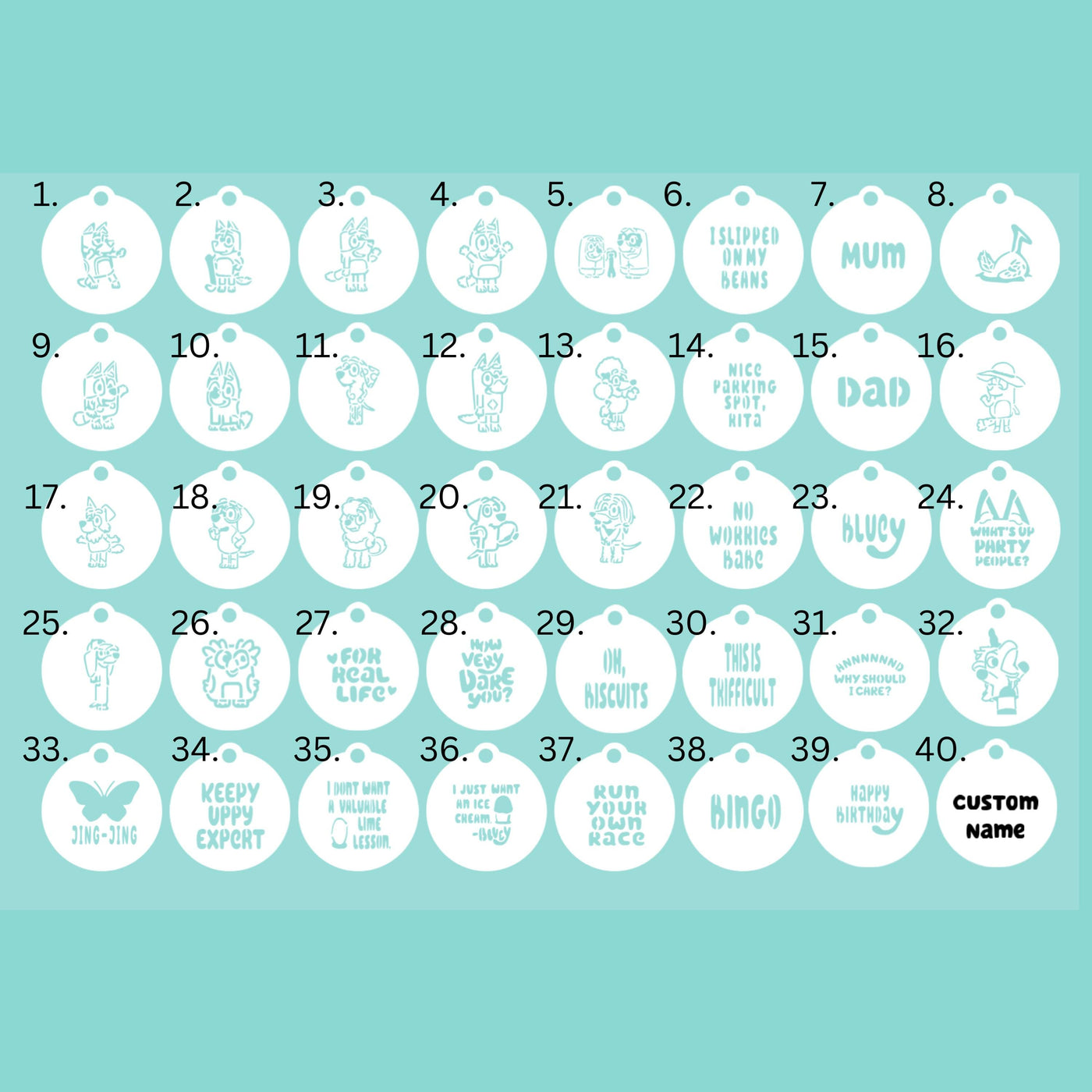 Bluey Themed Stencils, PYO Birthday cookie stencils, DIY Cookie Stencils, Blue Cartoon Dog Cookies, Kids Birthday Cookies, Oh Biscuits