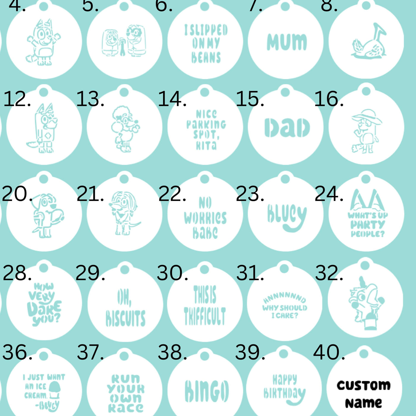 Bluey Themed Stencils, PYO Birthday cookie stencils, DIY Cookie Stencils, Blue Cartoon Dog Cookies, Kids Birthday Cookies, Oh Biscuits