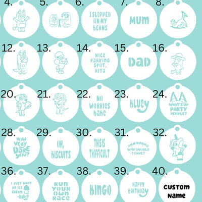 Bluey Themed Stencils, PYO Birthday cookie stencils, DIY Cookie Stencils, Blue Cartoon Dog Cookies, Kids Birthday Cookies, Oh Biscuits