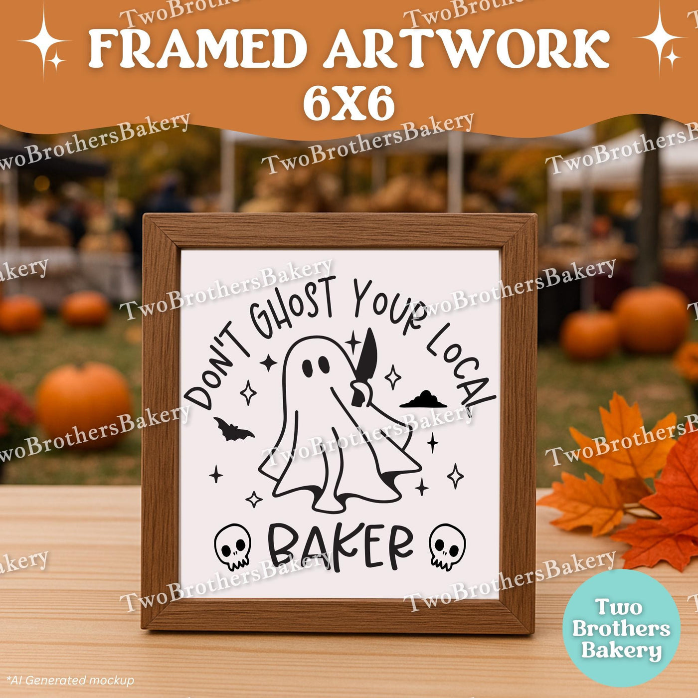 Don't Ghost Your Local Baker, Halloween Bakery Market Sign, 6x6 Framed Fall Decor, Ghost Baking Art, Cottage Kitchen Display, Bakery Art